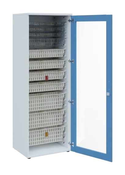 EUROMEDICA S - 66 skříň léková boxová, 1-dveřová/prosklená, pravá, 1950x660x535, korpus bílý, dvířka pastelově modrá